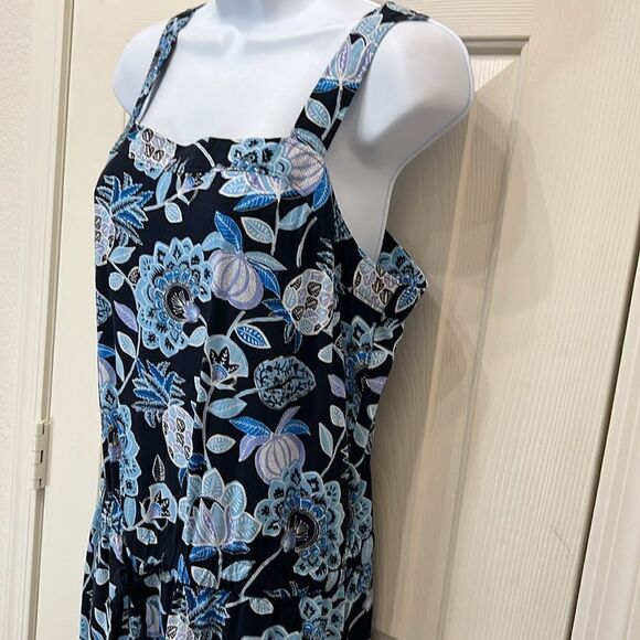 Loft Pant Jumpsuit Sz 6 Black Blue Square Neck Sleeveless Floral Pineapple Rayon - Picture 3 of 11